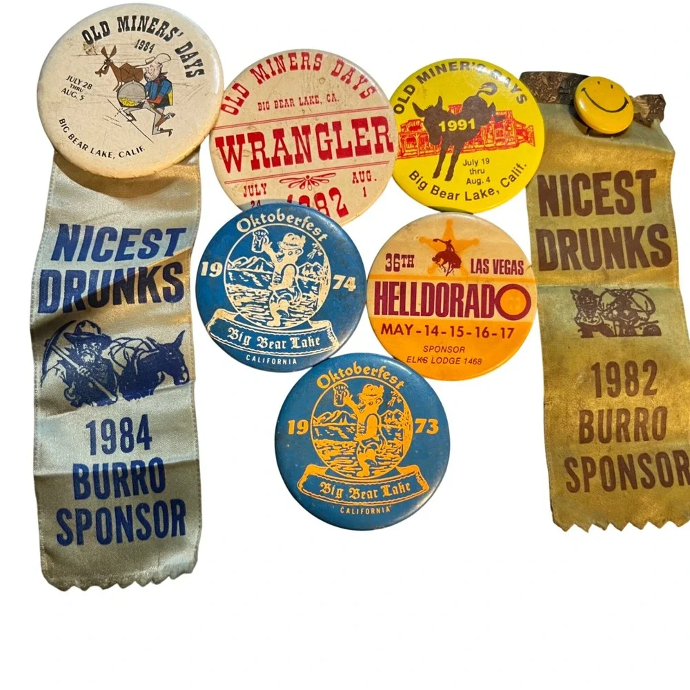 Vintage Big Bear Lake Old Miners Days Oktoberfest Pins Ribbons Lot 1970s 1980s